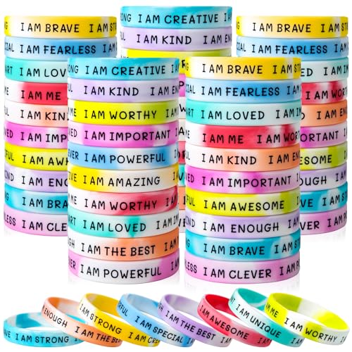 KUCLIN 100 Pieces Students Inspirational Silicone Wristbands Motivational Quotes Rubber Bracelets for Kids Students Back to School Gifts (Swirl Colours)