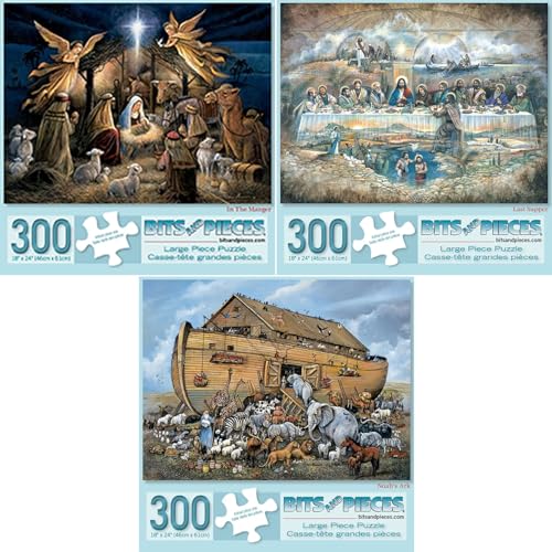 Bits and Pieces - Set of Three (3) 300 Piece Jigsaw Puzzle for Adults - Noah's Ark, Last Supper, In The Manger - Christian Jigsaws by Artist Ruane Manning