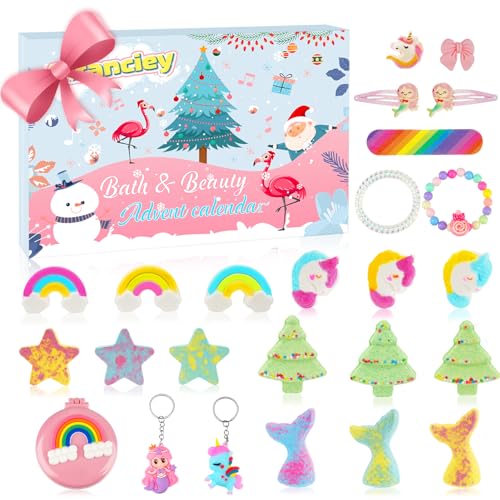 Adventskalender 2024 Kinder Mädchen, Bath & Beauty Badespaß Spielzeug Adventskalender 24 Tage,Weihnachtskalender Mädchen mit Badebomben,Badekugel & Haar-Accessoires, Weihnachtsgeschenke für Kinder