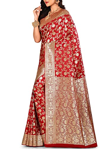 Jolly Enterprise Women's Bridal Banarasi Katan Silk Saree Zardosi Work With All Over Zari Border - Red