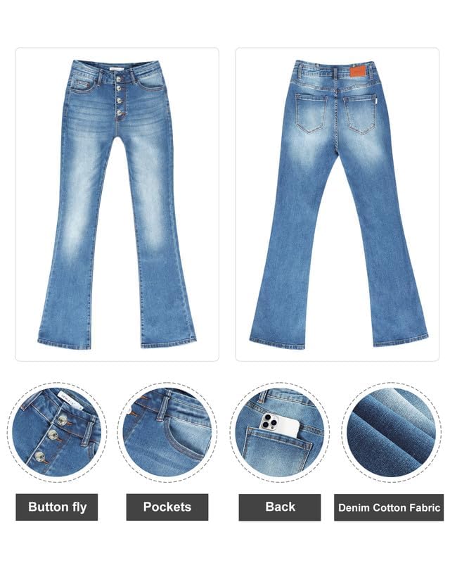 Genleck Women's Stretch Flare Jeans - Trendy High Waisted Bell Bottom Jeans Tummy Control Button Fly Denim Pants Trousers 6
