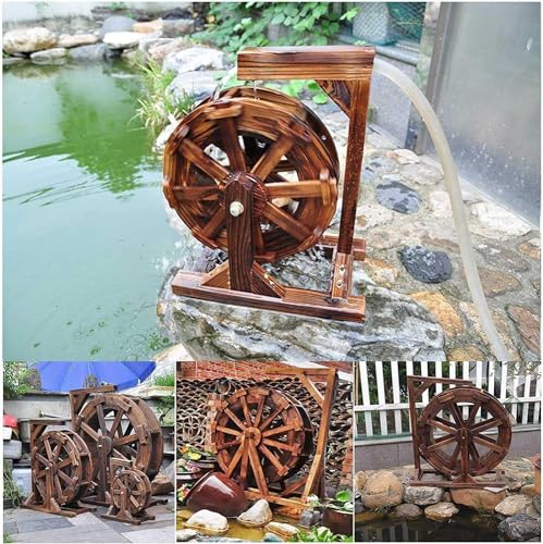 Rustykalna drewniana fontanna z kołem wodnym na świeżym powietrzu, naturalna dekoracja stawu kaskadowego do ogrodu, na patio, spinningowy ornament