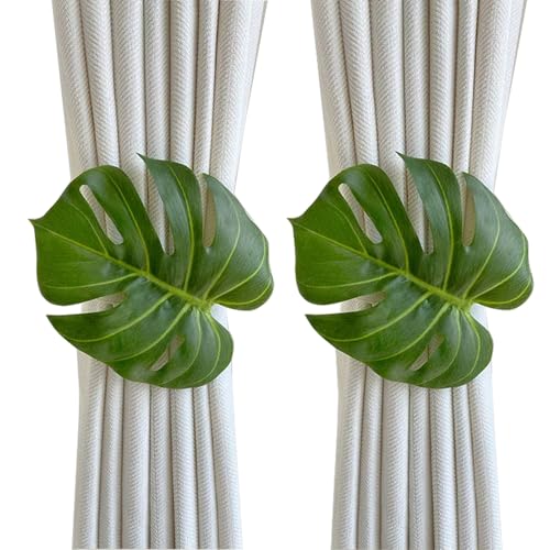 2pcs Monstera Leaf Curtain Tiebacks - Curtain Holdbacks Ties with Large Leaf Designs Adjustable Length Curtain Tie Holder for Drapes (Green Leaf)