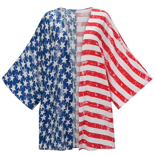 4th of July Outfits for Women American Flag Kimono Cover-Up Tops with Fourth of July Earrings Sunglasses Flag Accessories2