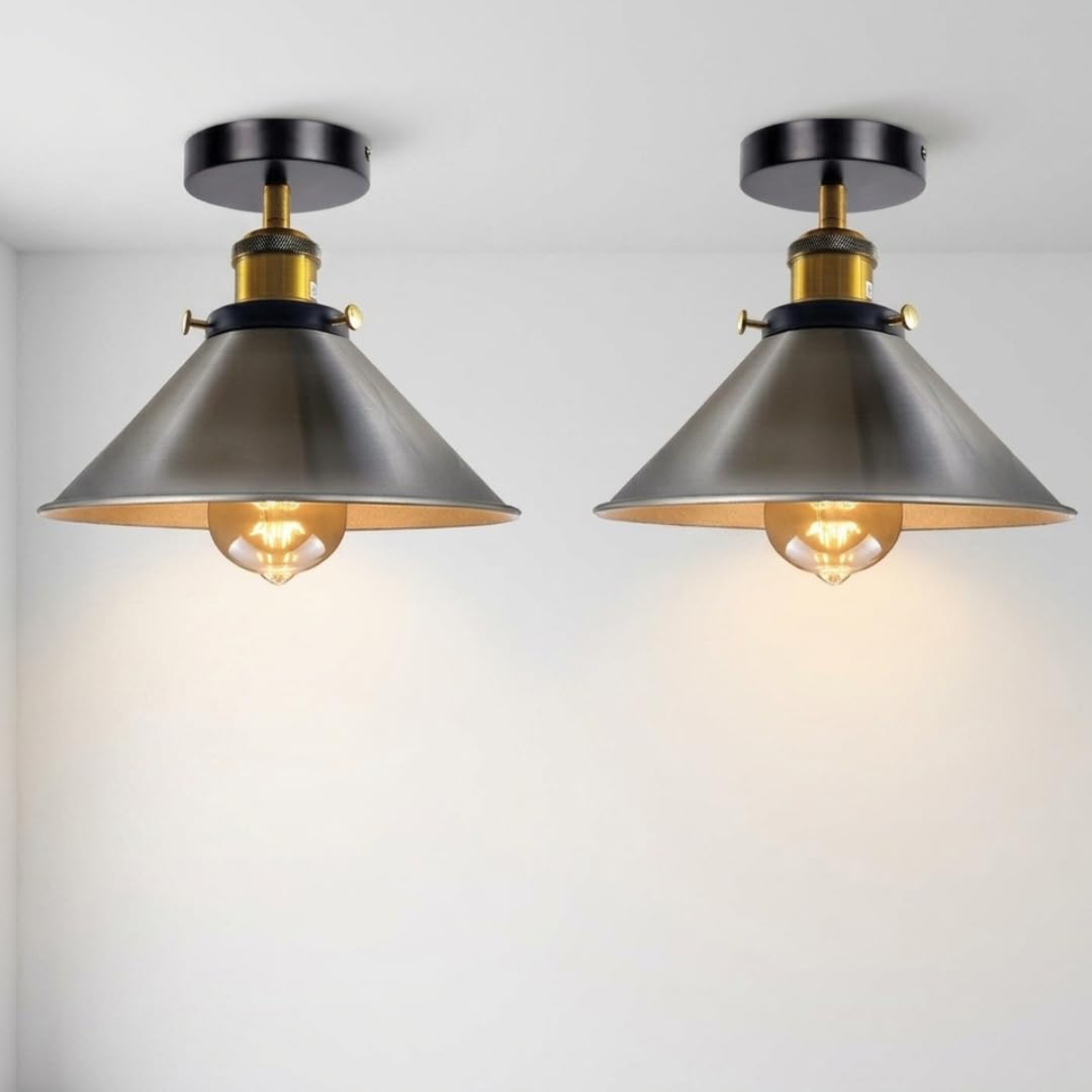 LEDSone 2Pcs Flush Ceiling Light Metal E27 Satin Nickel Cone Shade with Bulb