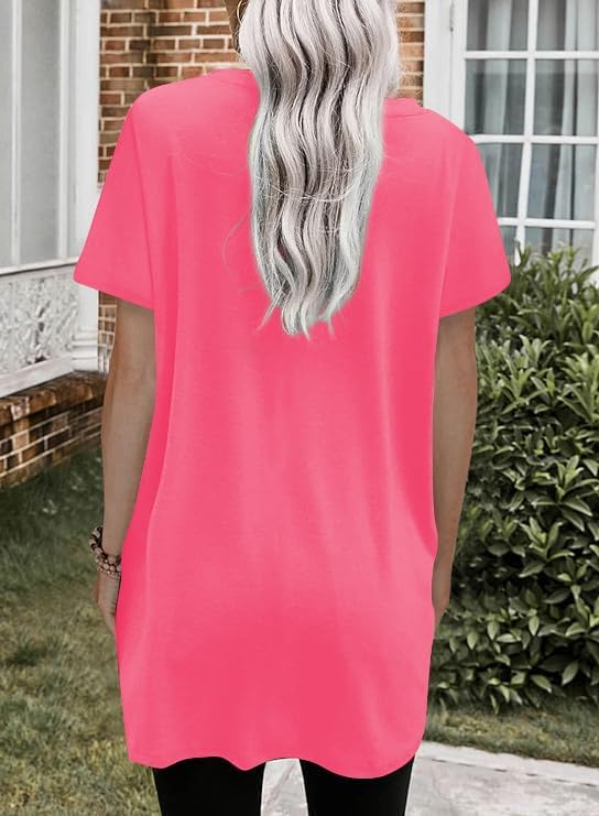 Poetsky Summer Womens Tunic Tops for Leggings with Pockets Short Sleeve Casual Long T Shirts S-3XL - Image 2