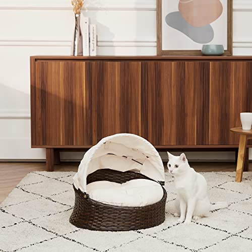 Teamson Pets Clotho Drinnen Draussen Rattan Katzen Oder Hunde Bett Liege mit Einziehbarem Baldachin und Abnehmbarem Waschbarem Kissen Braun/Creme ST-N10004-UK