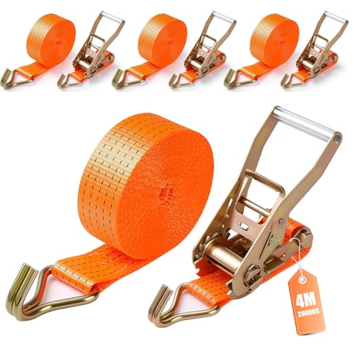 4 Piezas Cinchas de Amarre Carraca, 4m 2000kg 38mm, Cinta de Amarre con Trinquete con trinquete y Gancho Tipo J, Motocicletas, Camiones, Remolques(Naranja)