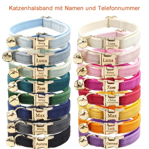 Personalisiertes Katzenhalsband mit Namensschild, verstellbares Samt Katzenhalsband mit Glocke, Haustier Halsband mit Name Telefonnummer Gravierte ID Tags (Cream)