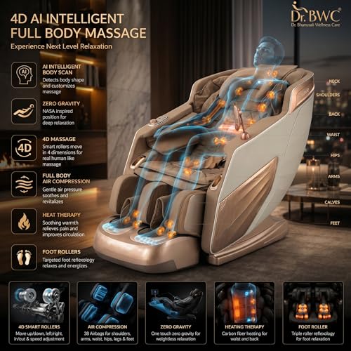 Image of DR BWC 4D Zero Gravity Massage Chair Recliner with AI Body Scan, Smart Voice Control, Heat Therapy, Foot & Calf Rollers, Bluetooth Speakers & Full Body Airbag Massage (Royal Golden)
