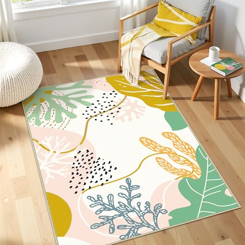 PureCozy 3x5 Pink Washable Area Rugs for Living Room Small Non Slip Indoor Cute Soft Throw Low Pile Kids Nursery Rug Thin Coral Print Carpet for Office College Dorm Laundry Dining Room Bedroom