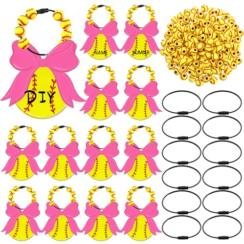 Equsion 124 Pcs Softball Bow Bag Tags Keychain Softball Gifts for Team Pink Bow DIY Craft Keychain Making Kit Acrylic Charms Beads Key Rings for Sport Party Favor Backpack Accessories Decoration