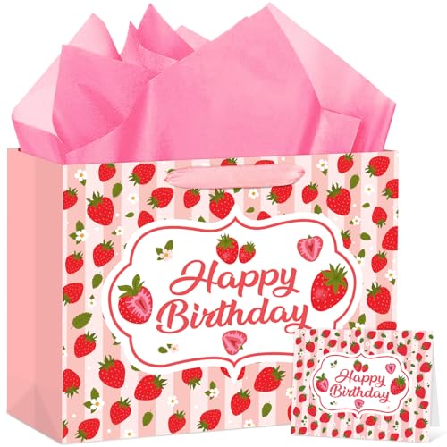 Hooqict Large Strawberry Birthday Gift Bag Pink Happy Birthday Gift Wrapping Bag with Handles Tissue Paper Greeting Card for Girls Kids Women Sweet Strawberry Party Decorations Supplies
