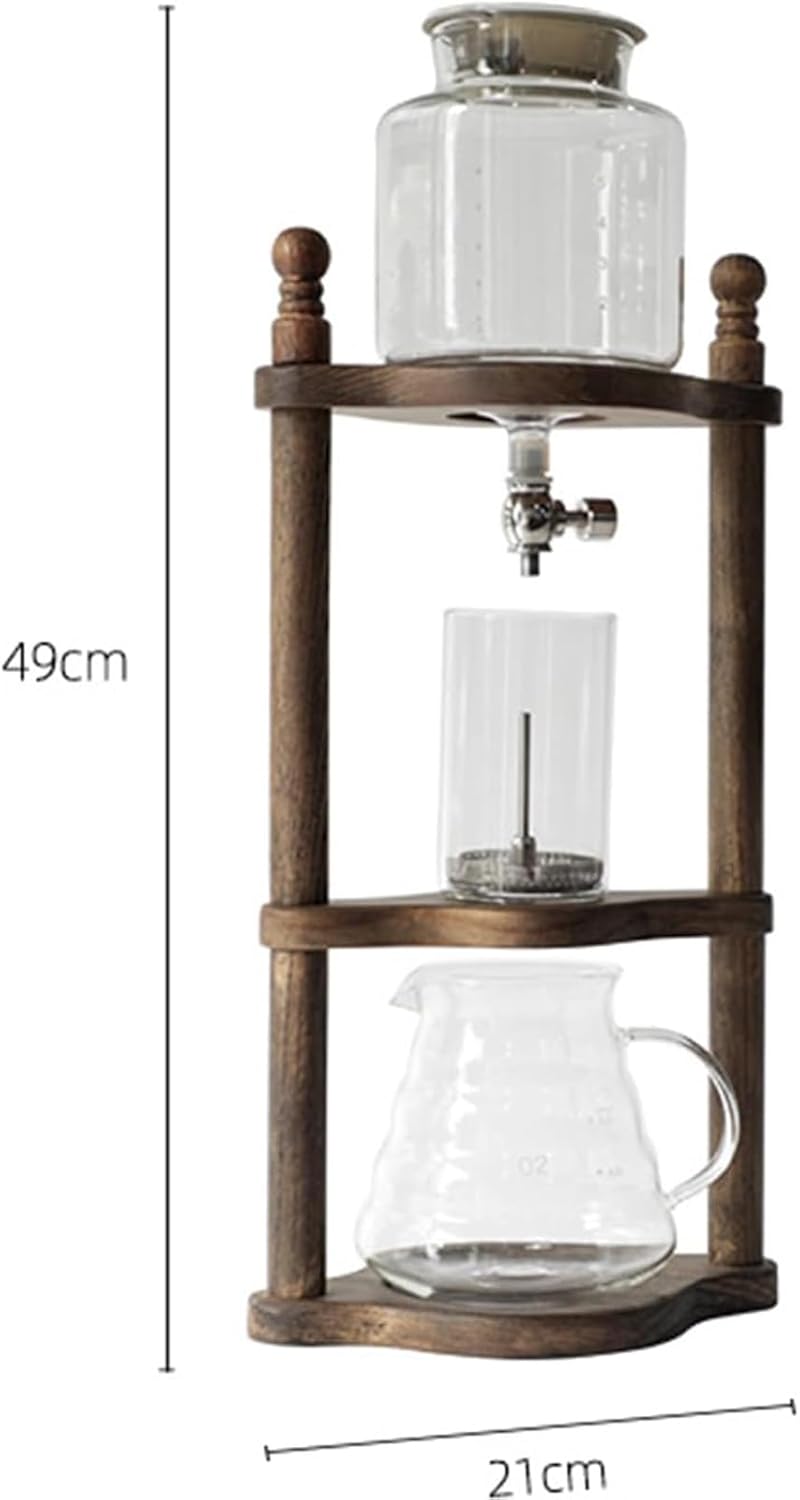 Solid Wood Ice Drip Coffee Pot, 600ml High Borosilicate Glass Cold Brew Maker, Ice Cold Brew Dripper Coffee Maker, 4~6 Servings Drip Pot W/Adjustable Valve Stainless Steel Stopper, for Cafes