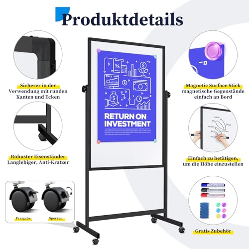 maxtek Pizarra Blanca Móvil 120 x 80 cm, Pizarra Magnética Altura Ajustable, Whiteboard de Doble Cara con Soporte, White Board Borrable en Seco para Oficina, Escuela, Casa - imagen 4