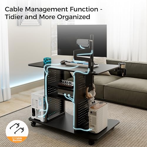 Image of EUREKA ERGONOMIC Gaming Desk Computer, 37 inch Rolling Desk on Wheels for Small Space, Mobile Computer Cart with Pegboards Adjustable Shelves for Gaming PS Switch Home Office - Black