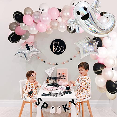 Hpwf Halloween Boo Balloon Garland Kit, White Grey Pink Latex Balloons, Star Hey Bool Spooky Ghost Foil Balloons For Halloween Baby Shower Birthday, Haunted House Decorating, Indoor Outdoor Decoration #TOP2