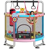 60' Indoor Outdoor Trampoline for Kids,MILUMILU Toddler Trampoline with Safety Enclosure Net,Adjustable Gymnastics Bars, Basketball Hoop, Jumping Mat - Birthday Gifts for Children Boy Girl.