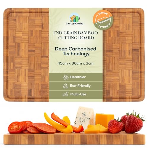 Cactus & Cubby Premium Bamboo Chopping Board. Deluxe Deep Carbonised End Grain Wooden Chopping Board. Large Butchers Block (45 x 30 x 3 cm). Juice Grooves. Side Handles. Strong Design Built to Last.