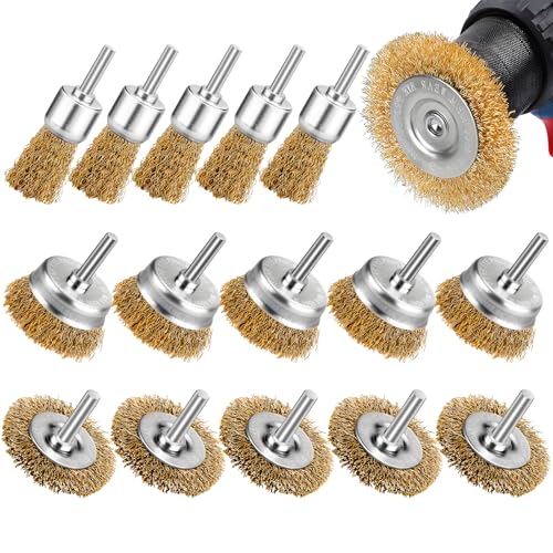 Image of 15 Pieces Wire Brushes, 2 Inch Wire Wheel for Drill, Copper Plating Wire Polishing Wheel Kits for Rotary Tools (1 /4 Inch Mandrel)