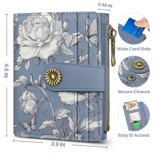 Image of Small Wallet for Women, RFID Blocking Bifold Card Holder Wallet with 10 Card Slots, Cash Compartment, Zipper Coin Pocket & ID Window, Cute Soft Vegan Leather Compact Wallet, Butterfly Peony