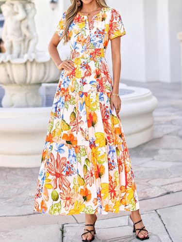 Image of BTFBM Womens Summer Floral Maxi Dresses V Neck Short Sleeve Boho Casual Flowy Long Wedding Guest Dress Beach Vacation