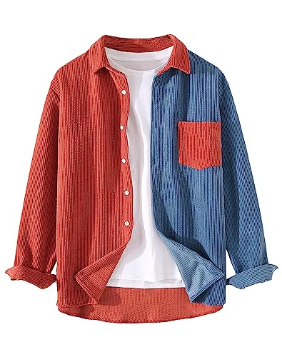 Lucrosun Men's Regular Fit Corduroy Shirt Color Block Button Up Shacket Jacket