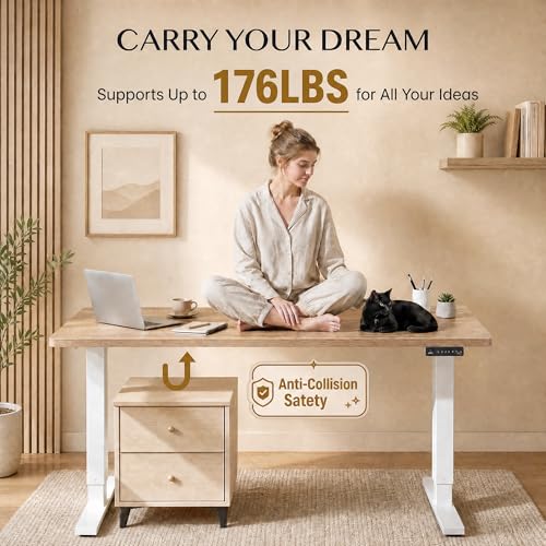 Image of Grandder 47x32 Large Electric Standing Desk, Height Adjustable Computer Desk with 2 Memory Presets, 31.5 inch Deep Desktop Sit Stand Desk Home Office Desk Workstation Table with Hooks, Maple
