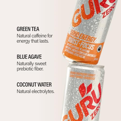 Image of GURU Zero Sugar Energy Drink,Orange Raspberry Sorbet Organic Sparkling Energy Drink with 140 MG Natural Caffeine & Coconut Water for Workouts, Performance & Midday Boost, Gluten Free, Vegan, 12 Fl Oz, 12 Pack