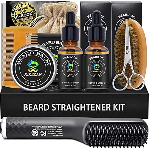 XIKEZAN Beard Straightener Kit,Beard Growth Grooming Kit w/Beard Straightener,Heat Protectant Spray,Beard Wash Shampoo,Conditioner,Oil,Balm,Wax,Comb,Brush,Scissor,Bag,E-Book,Gifts for Men Him Dad