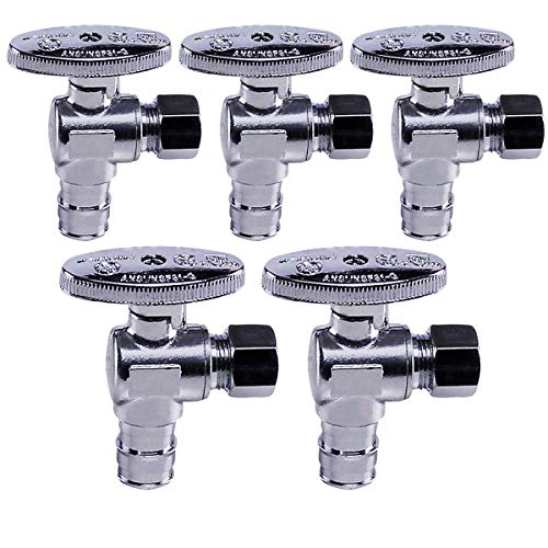 Image of Midline Valve G-81512QS-OM-5 Water Supply Stop Valve with Quarter Turn Wheel; Angle Shut-off for Toilet, Sink, Dishwasher; 1 /2'' PEX A x 3 /8'' Compression; Chrome Plated Brass (5 PK)