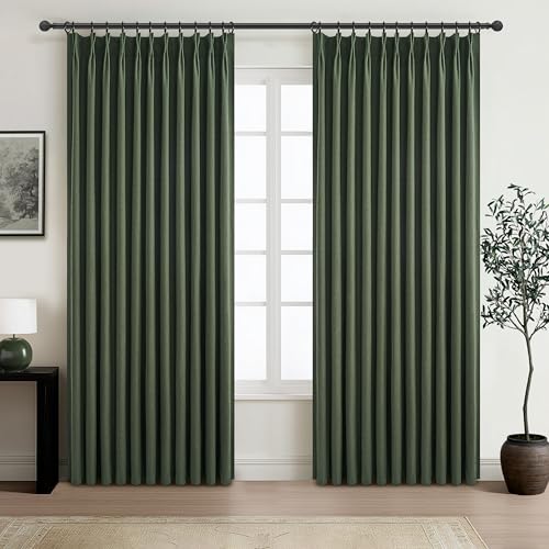 Image of Curtains 70 Inch Length Extra Wide Pinch Pleated Blackout Curtain for Sliding Glass Door /Living Room, Farmhouse Olive Green Thick Heavy Duty Insulated Large Window Drapes (70 inchWx90 inchLx2Panels Loden)