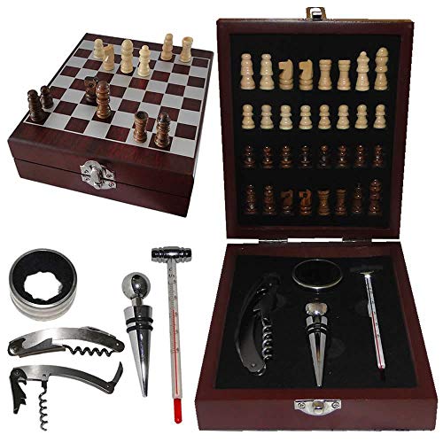 Kit acessorios p/vinho + mini xadrez luxo marrom CBRN01408 - Commerce Brasil