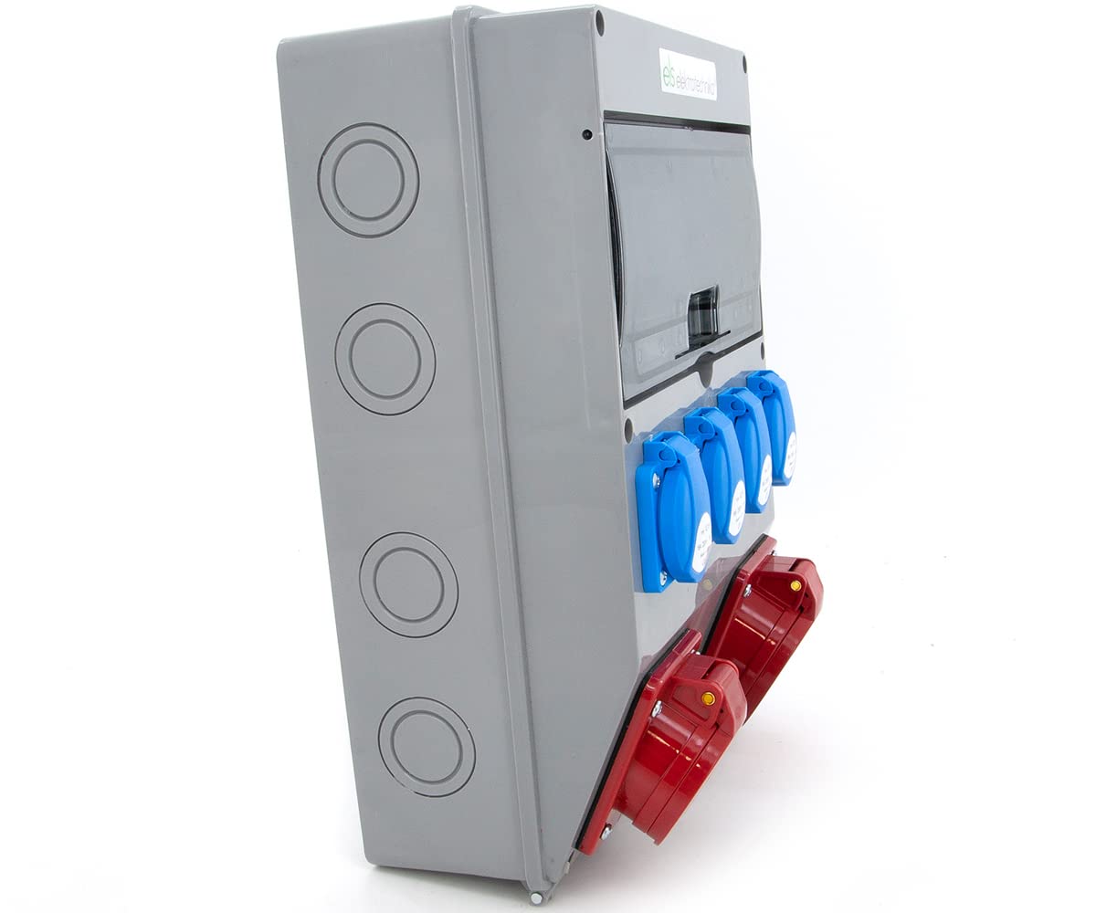 ELS Elektrotechnika Bouwstroomverdeler, stekkerverdeler, wandverdeler met nokkenschakelaar, L-0-P en 1 x CEE 32A, bekabeld, klaar voor aansluiting, werkplaats, garage, vochtige ruimte, IP44