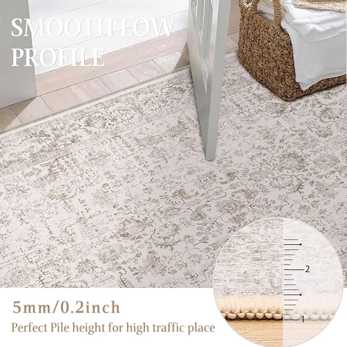 Light Brown Runner Rug 2x8 Hallway Machine Washable Kitchen Vintage Distressed Non Slip Long Carpet Indoor Retro Floral Bedroom Accent Throw Rug for Bathroom Office Laundry Dining Room