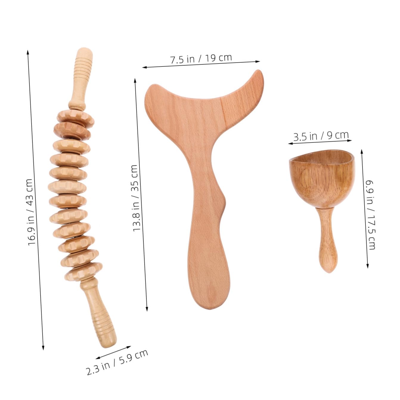 Massaggiatori per Corpo in Legno Kit 3 Pezzi Impugnatura Ondulata Antiscivolo per Massaggi Linfodrenanti e Uso Quotidiano