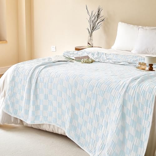 Image of SANACYNA Muslin Throw Blanket 100% Cotton 6-Layer Gauze Light Blue Bed Blanket Lightweight Soft and Breathable Blanket for Sofa Couch Bed Coverlet Both Sides (Sky Blue, Throw 50 inchx60 inch)