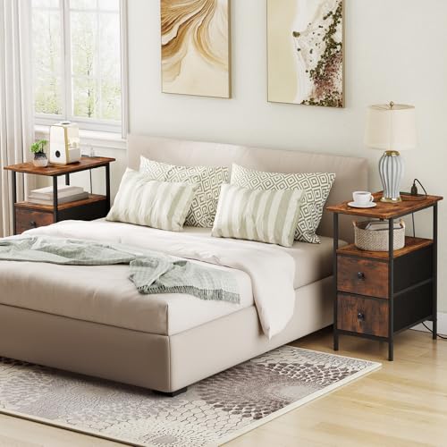 HOOBRO Mesita Auxilar con Base de Carga, Mesa Auxiliar Estrecha, Mesilla de Noche con 2 Cajones en Tejido no Textil, Mesa Auxiliar de Sofá Estrecha para Espacios Reducidos, Marrón Vintage EBF486CBZ01 - imagen 6