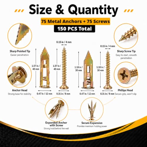 Image of Jyphorixal 150Pcs Self Drilling Drywall Anchors with Screws Kit,Zinc Plated Steel,2 Sizes Expansion Screws and 2 Sizes Wall Anchors, Easy Application No Drill or Holes in Wall.