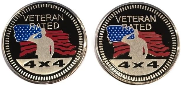 Muzzys (Set of Two) Metal Veteran Rated 4x4 Badges 2.4" Round USA Fender Emblems Fits Jeep Wrangler Grand Cherokee Liberty Bronco Trail Rated USA YJ TJ JK JL FJ RZR Can Am Stick On USMC Navy Army