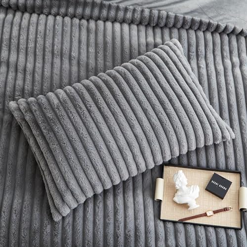 Image of Fluffy Duvet Cover Queen Size Ultra Soft Faux Fur Bedding Set Grey Winter Warm Vertical Striped Comforter Cover Set 3 Pcs Warm Fuzzy Bed Sets Luxury Plush Bed Sets with 2 Pillow Shams