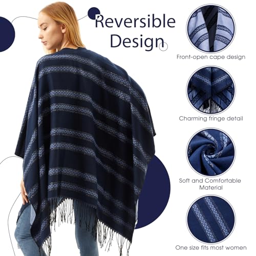 Women's Tassel Open Front Poncho Cape 51.2 x 61'' Reversible Winter Warm Shawl Wrap Printed Poncho Cardigan for Women3