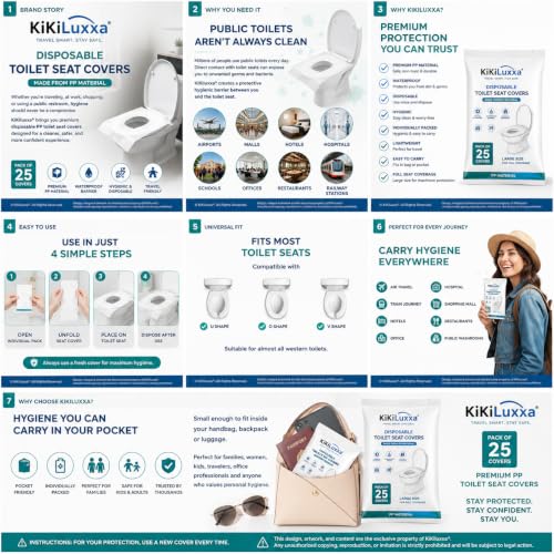Image of KiKiluxxa Disposable Toilet Seat Covers for Travel, Pack of 25, Individually Wrapped, Waterproof PP Material, Hygienic Portable Toilet Seat Covers for Women, Kids & Adults, Travel Essentials (PP25)