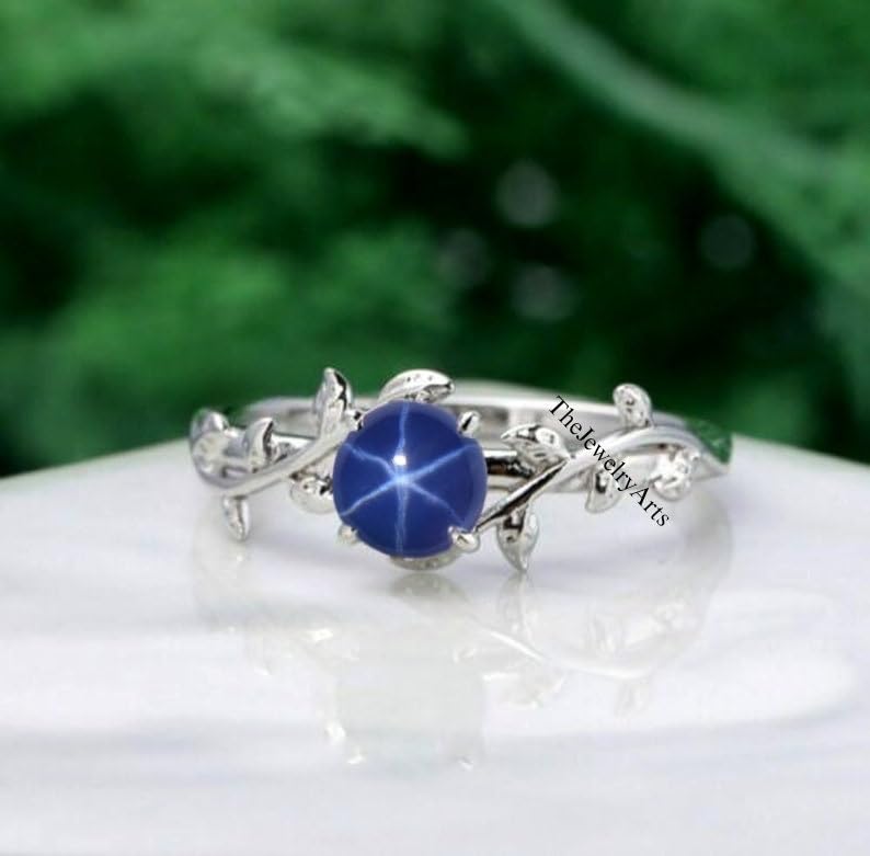 Blue Star Sapphire Engagement Ring, Leaf Sapphire Gemstone, 925 Sterling Silver Jewelry For Women, Lindy Blue Star Design, Promise Ring For Her.2