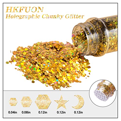 50G/1.75Oz Holographic Chunky Body Glitter - Hkfuon Face Hair Nail Cosmetic Glitter With Quick Dry Primer Glue(4Ml) Set For Makeup Resin Halloween Art Craft Diy Rave Party Various Sizes&Shape - Gold #TOP1