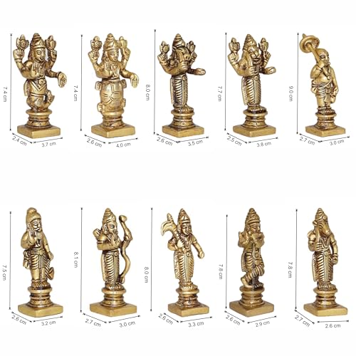 Image of ARKAM Brass Vishnu Dashavatar Murti /Dash Avatar Idol /Pital Das Avatar Statue (Set of 10) - Antique Brass for Home /Temple /Office (Height: 9 cm, Weight: 1250 GMS)
