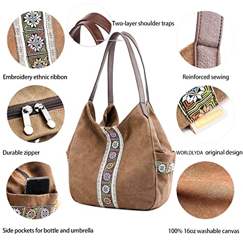 Image of Worldlyda Women Canvas Hobo Purse Multi Pocket Tote Shopper Shoulder Bag Casual Top Handle handbag with Embroidery Ethnic