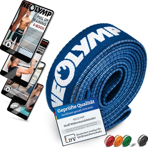NEOLYMP Lange Fitnessbänder Stoff mit Fitness E-Book - waschbare Resistance Bands, Widerstandsbänder, Gymnastikband, Fitnessband, Trainingsbänder, Klimmzugbänder, Krafttrainingssets (blau)