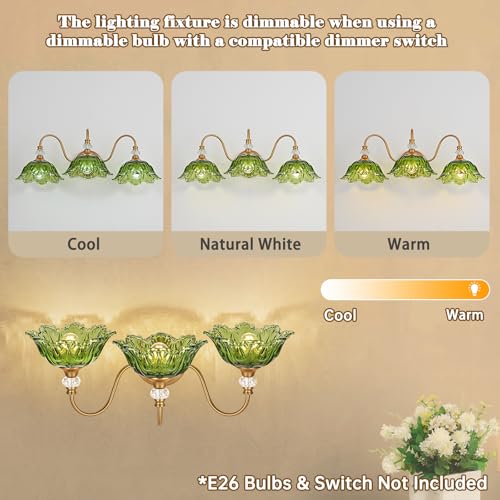 Image of Vintage Bathroom Vanity Light, 3-Light Matte Brass Finish Vanity Light with Floral Green Glass Shades, Retro Wall Sconce for Bathroom, Dressing Table