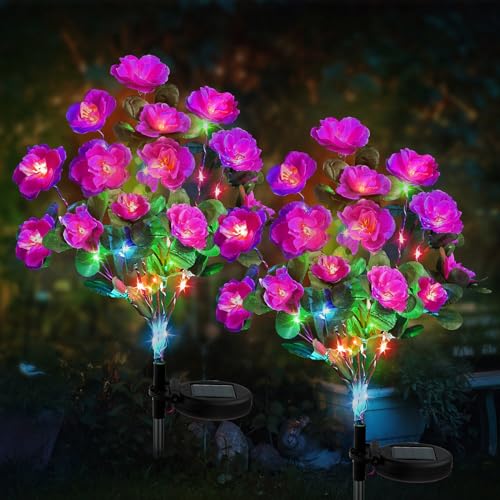 Joyoldelf Solar Lights Outdoor Garden - 2 Pack Rhododendron Solar Garden Lights Gardens Light Ornaments with 21 Rhododendron Flowers Waterproof Solar Flower Lights for Pathway Party Wedding